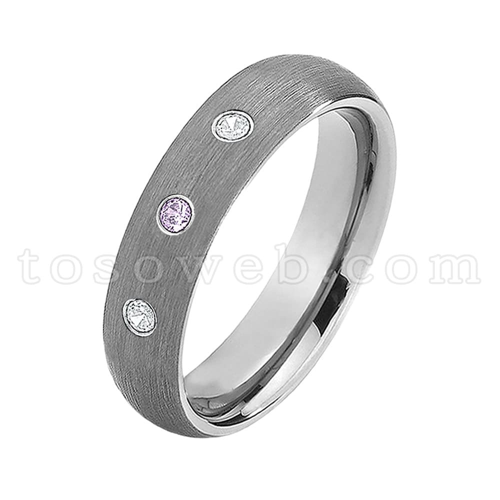 Damenring Februar Birthstone, Amethyst & Diamant Ehering, Hartmetallring Gebürstet, Mittelrohr Ts0602 von TOSOWEB