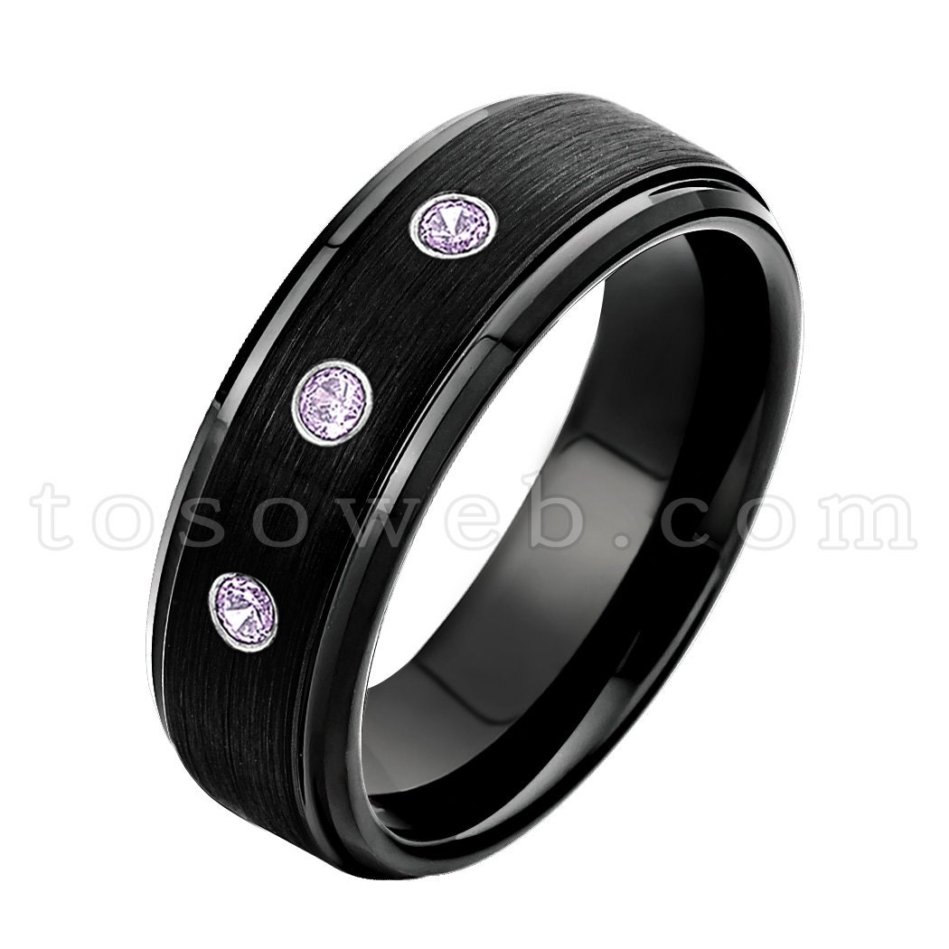 Damenring Februar Geburtsstein, Amethyst Ehering, 6mm Gebürstete Schwarze Ip Abgesetzte Kante, Hartmetallring Ts0852 von TOSOWEB