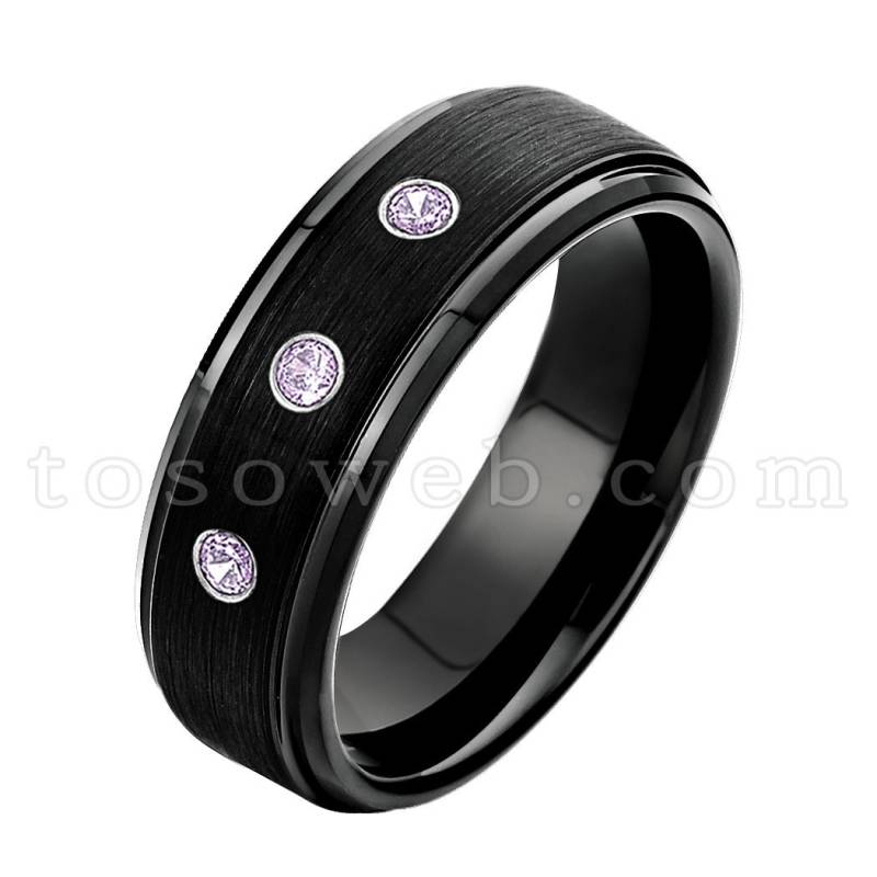 Damenring Februar Geburtsstein, Amethyst Ehering, 6mm Gebürstete Schwarze Ip Abgesetzte Kante, Hartmetallring Ts0852 von TOSOWEB