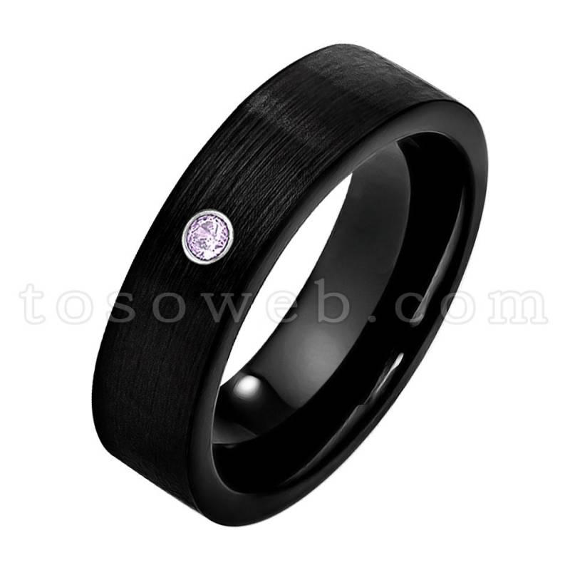 Damenring Februar Geburtsstein, Amethyst Solitär-Ehering, 7mm Gebürstet Schwarz, Hartmetallring Ts2322 von TOSOWEB