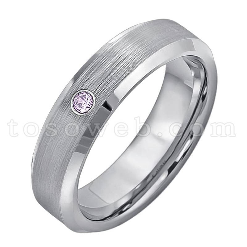 Damenring Februar Geburtsstein, Amethyst Solitär Ehering, Wolframcarbid Ring 6mm Mittig Gebürstet, Abgeschrägte Kante Ts0382 von TOSOWEB