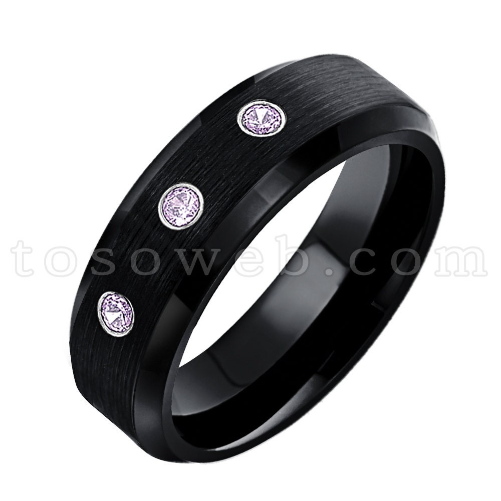 Damenring Februar Geburtsstein, Amethyst & Diamant Ehering, 6mm Schwarz Ip Gebürstet, Hartmetallring Ts1682 von TOSOWEB