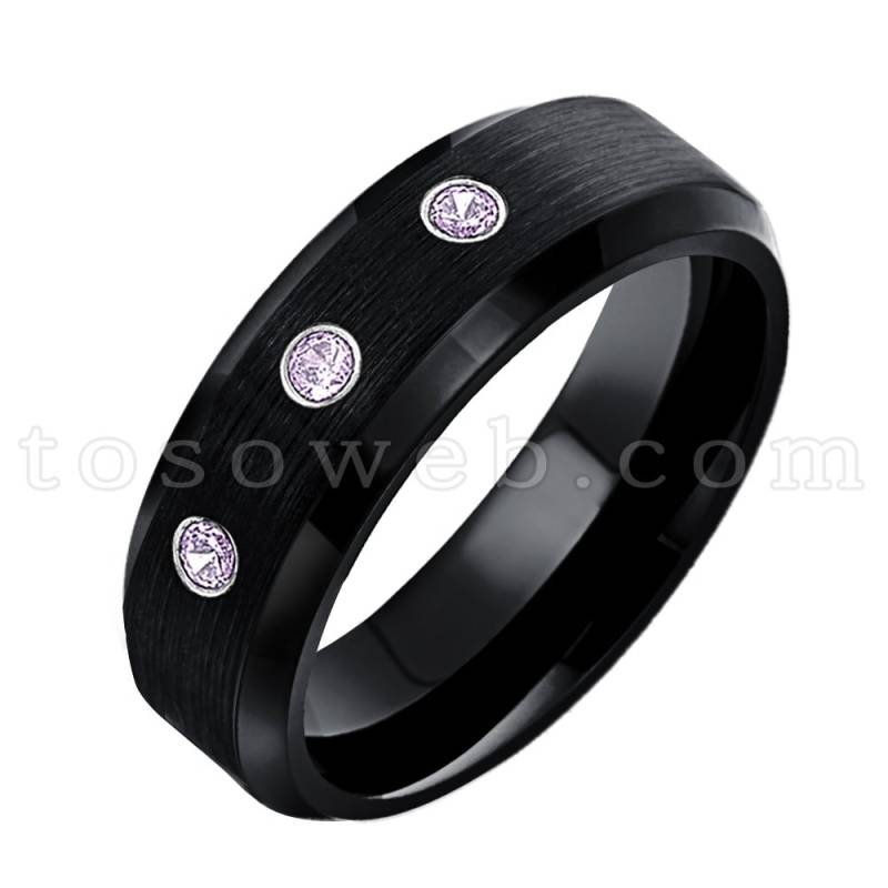 Damenring Februar Geburtsstein, Amethyst & Diamant Ehering, 6mm Schwarz Ip Gebürstet, Hartmetallring Ts1682 von TOSOWEB