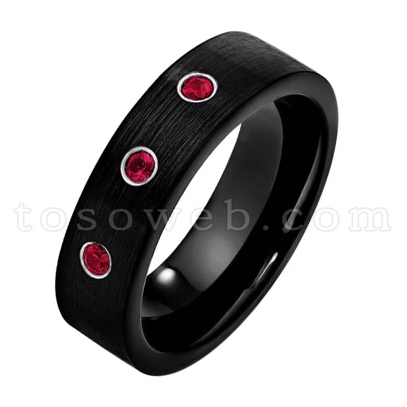 Damenring Juli Geburtsstein, Rubin Trauring, 7mm Gebürstet Schwarz, Hartmetallring Ts2322 von TOSOWEB