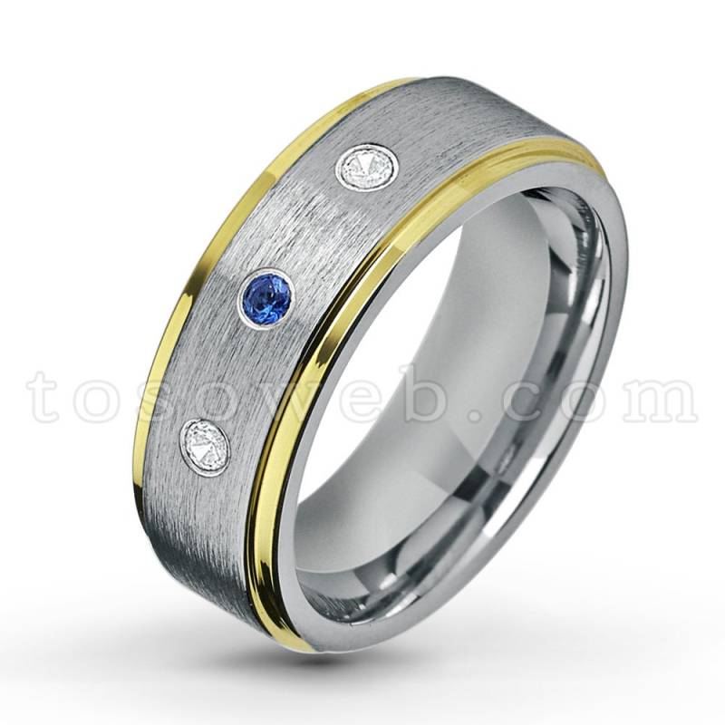 Ehering Mit Blauem Saphir Und Diamant, September Geburtsstein, Gelbgold Überzogener Hartmetallring Ts1322 von TOSOWEB