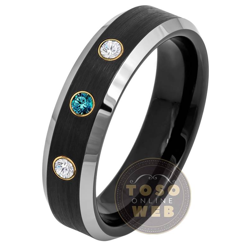 Frauen Anpassbare Wolfram Geburtsstein Ehering, 6mm Gebürstete Oberfläche 2-Ton Schwarz Ip Abgeschrägte Kante Hartmetall Ring Ts0795Yg von TOSOWEB