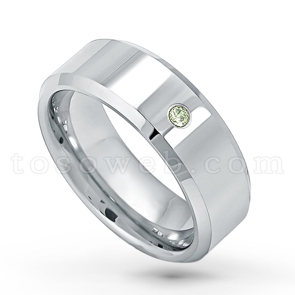 Herren 0, 07 Ct Peridot Edelstein Solitärring, August Birthstone Band, Polierte Oberfläche Abgeschrägte Kante Comfort Fit Hartmetallring Ts0092 von TOSOWEB