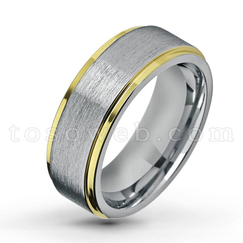 Herren 2-Ton Ehering, 8mm Gebürstet Mitte Gelb Gold Überzogen Abgestufter Rand Ring, Comfort Fit Hartmetall Jubiläumsring Ts1322 von TOSOWEB