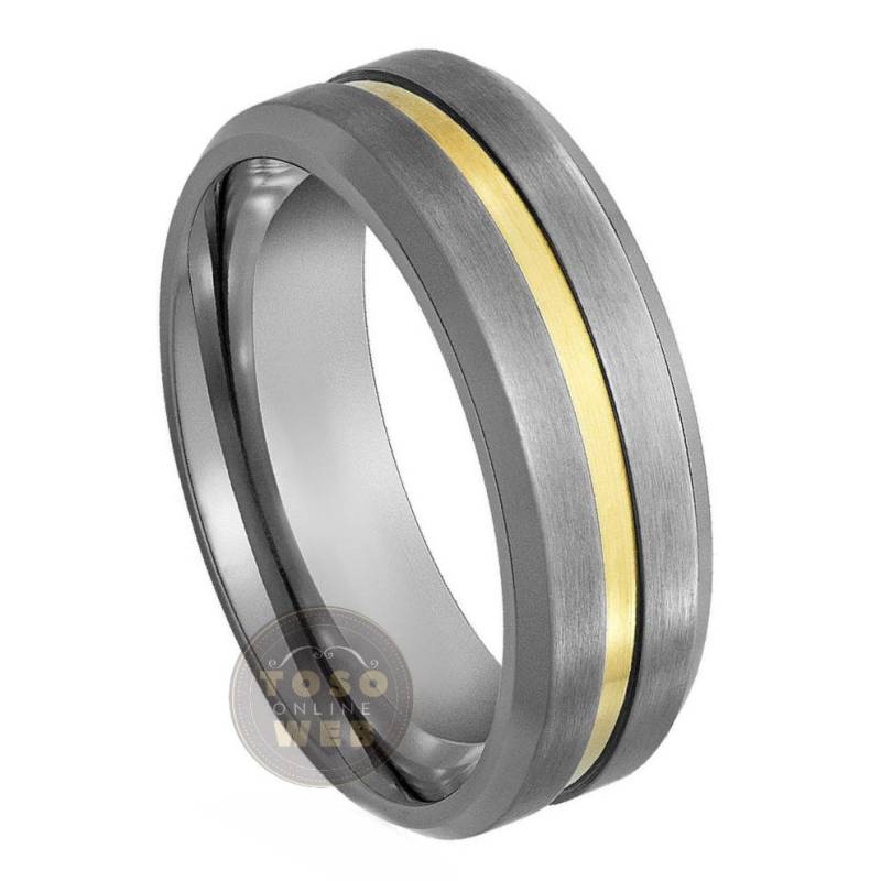 Herren 7mm Ehering, Gelbgold Überzogene Gerillte Mitte, Gebürstete Abgeschrägte Kante, Comfort Fit Hartmetall-Jubiläumsring Ts1312 Herren 7mm Ehering, Gelbgold Überzogene Gerillte Mitte, Gebürstete Abgeschrägte Kante, Comfort Fit Hartmetall-Jubiläumsring Ts1312 von TOSOWEB