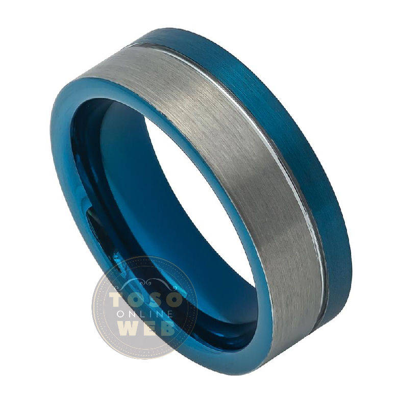 Herren 8mm 2-Ton Pipe-Cut Blau Ion Plated Wolfram Ring W/Gerillten Off-Mitte Ts7410 von TOSOWEB