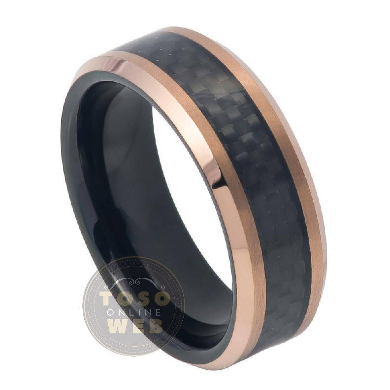 Herren 8mm 2-Ton Roségold Ion Plated Abgeschrägte Kante Schwarz Innen Wolfram Ring Mit Schwarzer Karbonfaser Inlay Mittelring Ts7530 von TOSOWEB
