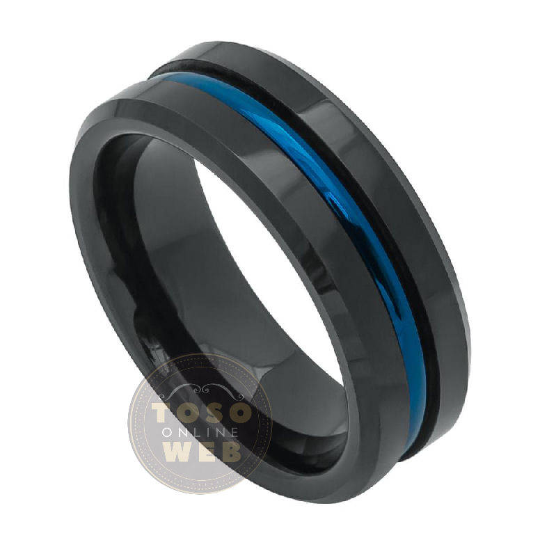 Herren 8mm Abgeschrägte Kante Hoch Poliert Schwarz Ionenplattiert Wolfram Ring W/Blau Gerillte Mitte Ts7330 von TOSOWEB