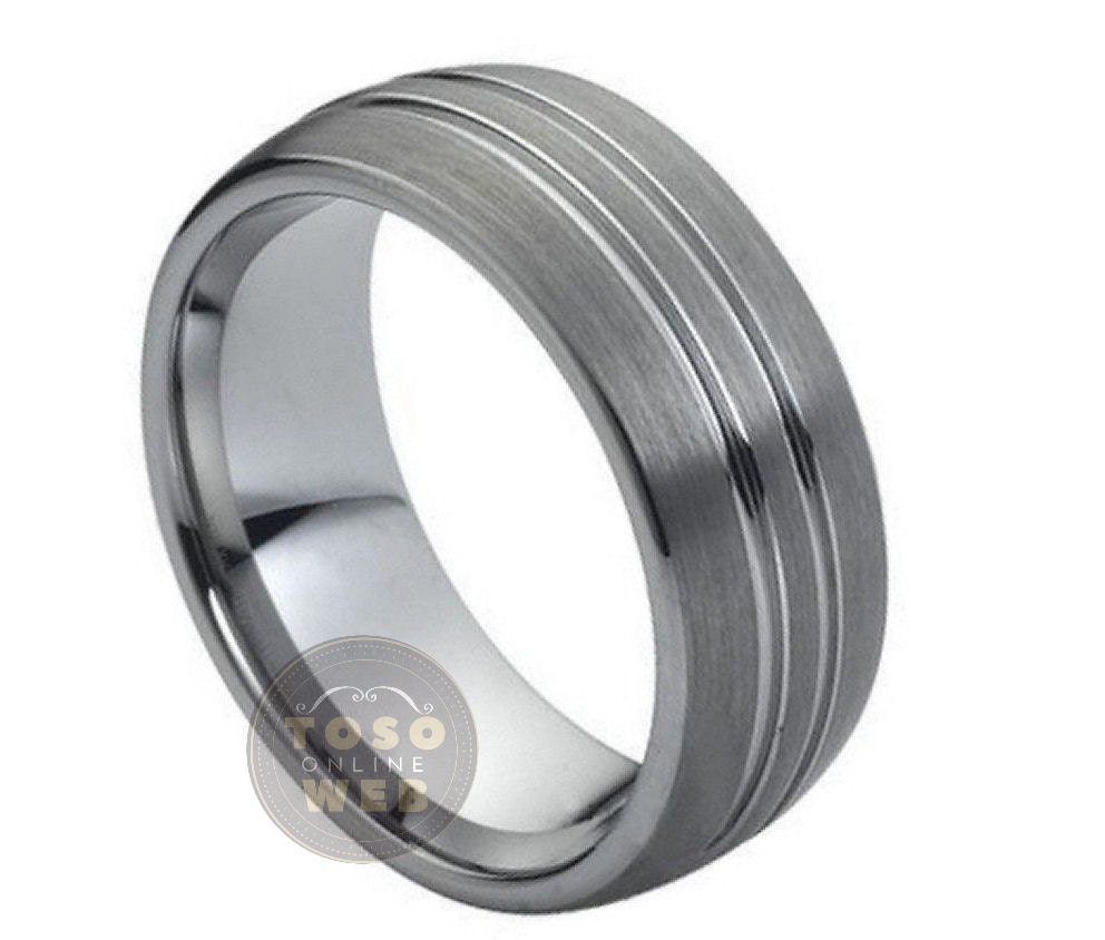 Herren 8mm Ehering, Doppel Klein Grooved Gebürstet Mitte Rohr Schnittkante, Comfort Fit Hartmetall Jubiläumsring Ts0322 von TOSOWEB