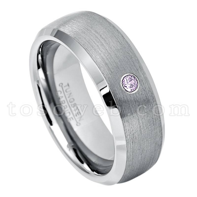 Herren Amethyst Solitär Ehering, Februar Geburtsstein, 8mm Wolframcarbidring Mit Gebürsteter Mitte Und Abgeschrägter Kante Ts0072 von TOSOWEB