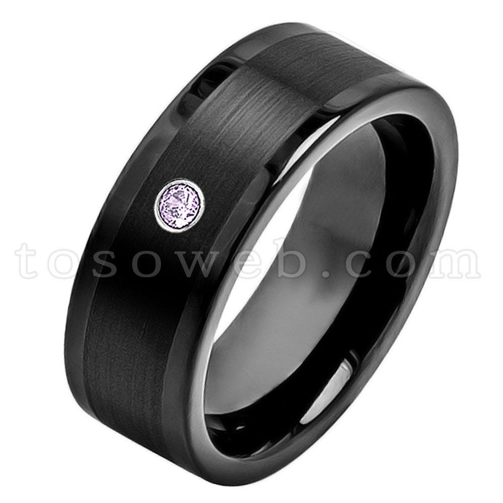 Herren Amethyst Solitär Ehering, Februar Geburtsstein Ring, 8mm Gebürstetes Zentrum Schwarzer Wolframcarbidring Ts3742 von TOSOWEB