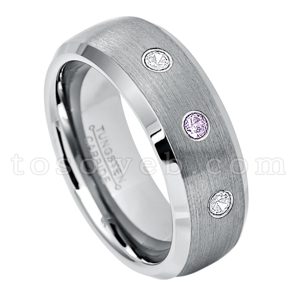 Herren Amethyst & Diamant Ehering, Februar Birthstone, 8mm Gebürstet Mitte Abgeschrägte Kante Hartmetall Ring Ts0072 von TOSOWEB