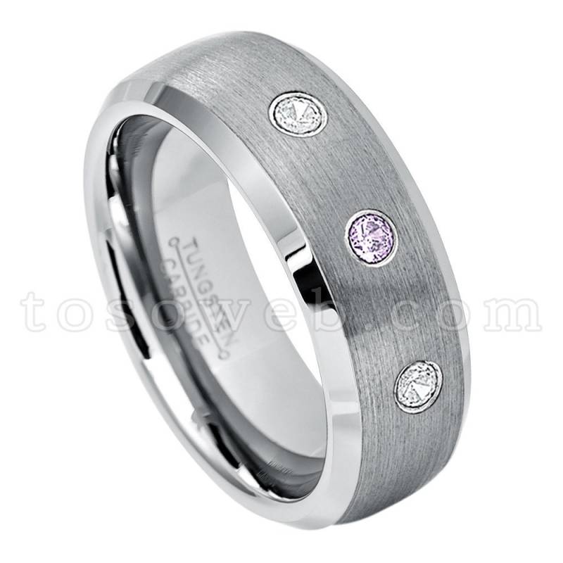 Herren Amethyst & Diamant Ehering, Februar Birthstone, 8mm Gebürstet Mitte Abgeschrägte Kante Hartmetall Ring Ts0072 von TOSOWEB