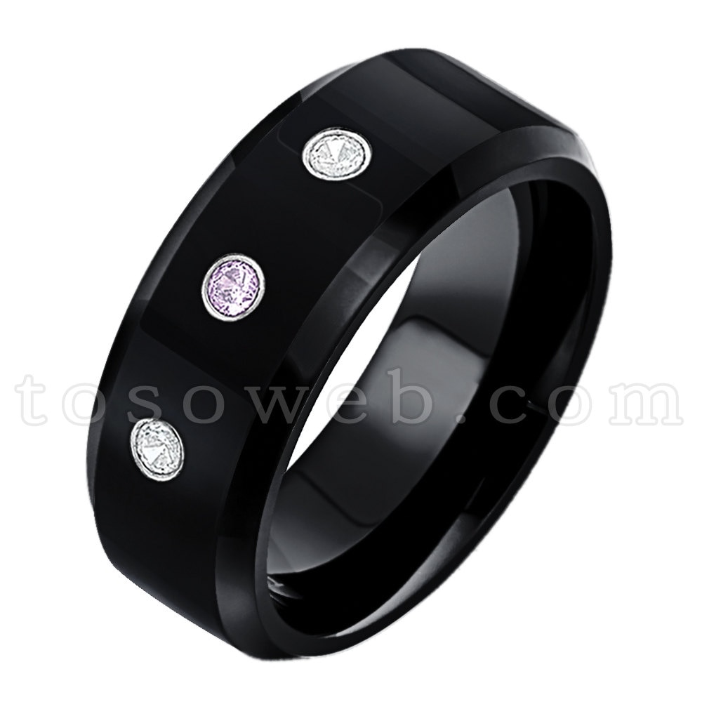 Herren Amethyst & Diamant Ehering, Februar Birthstone Ring, Black Ip Polish Abgeschrägte Kante, Hartmetallring Ts0842 von TOSOWEB