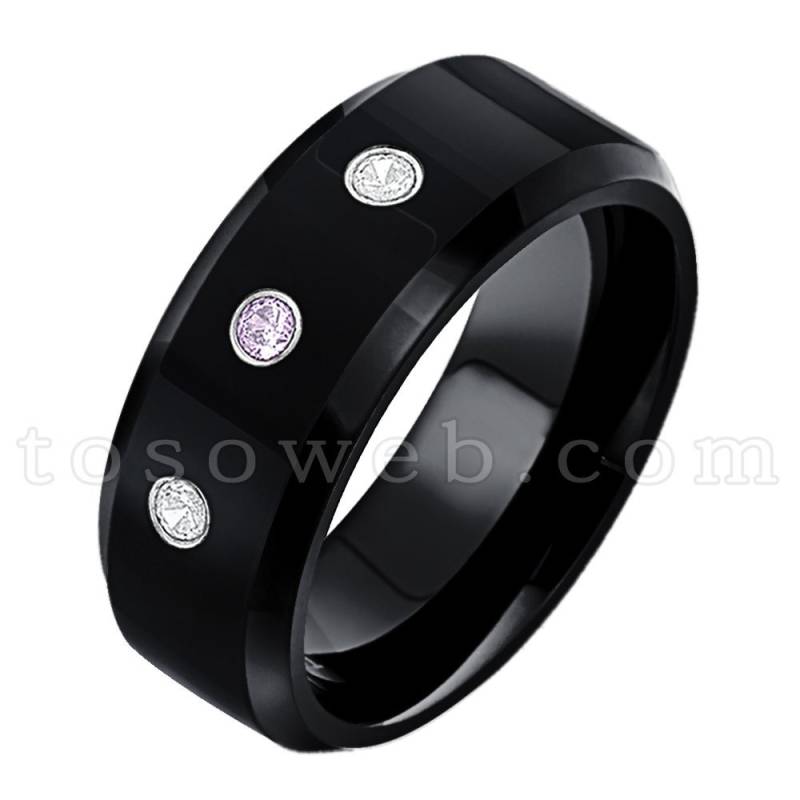 Herren Amethyst & Diamant Ehering, Februar Birthstone Ring, Black Ip Polish Abgeschrägte Kante, Hartmetallring Ts0842 von TOSOWEB