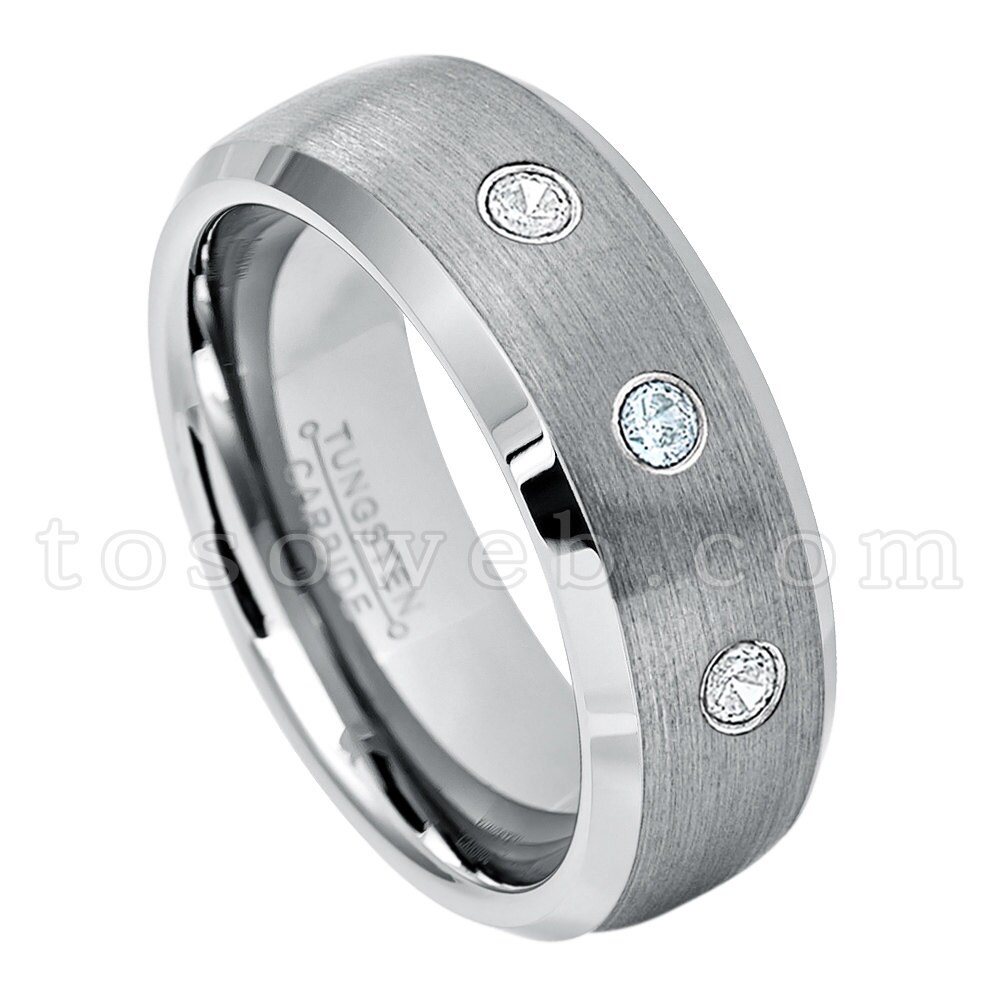 Herren Aquamarin & Diamant Ehering, März Birthstone, 8mm Gebürstet Mitte Abgeschrägte Kante Hartmetall Ring Ts0072 von TOSOWEB