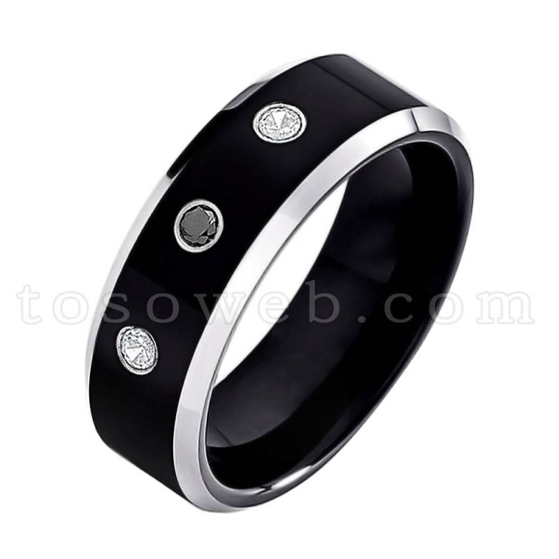 Herren Black & White Diamant Ehering, Schwarz Ion Plated High Polish Abgeschrägte Kante, Wolfram Carbide Jubiläumsring Ts1192 von TOSOWEB