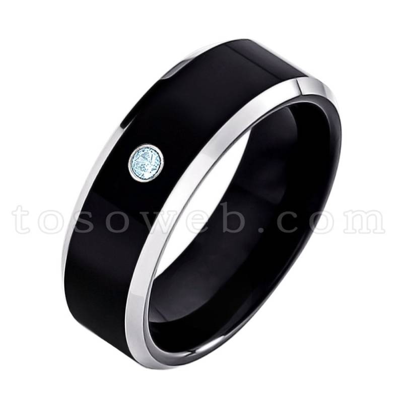 Herren Blau Topas Solitär Ehering, November Birthstone Ring, 8mm Schwarz Ip High Polish Abgeschrägte Kante, Hartmetall Ring Ts1192 von TOSOWEB