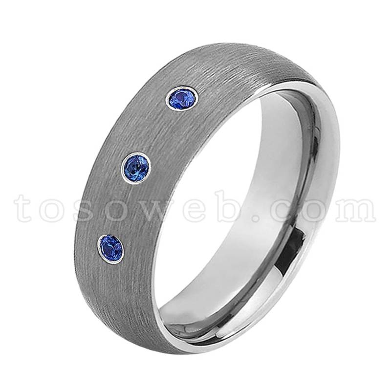 Herren Blauer Saphir Ehering, September Birthstone Ring, Dome Gebürstet Mitte Rohr Cut Edge Hartmetall Ring Ts0692 von TOSOWEB