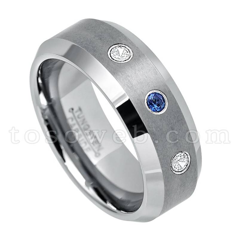 Herren Blauer Saphir & Diamant Ehering, September Birthstone, 8mm Gebürstet Mitte Abgeschrägte Kante Hartmetall Ring Ts0032 von TOSOWEB
