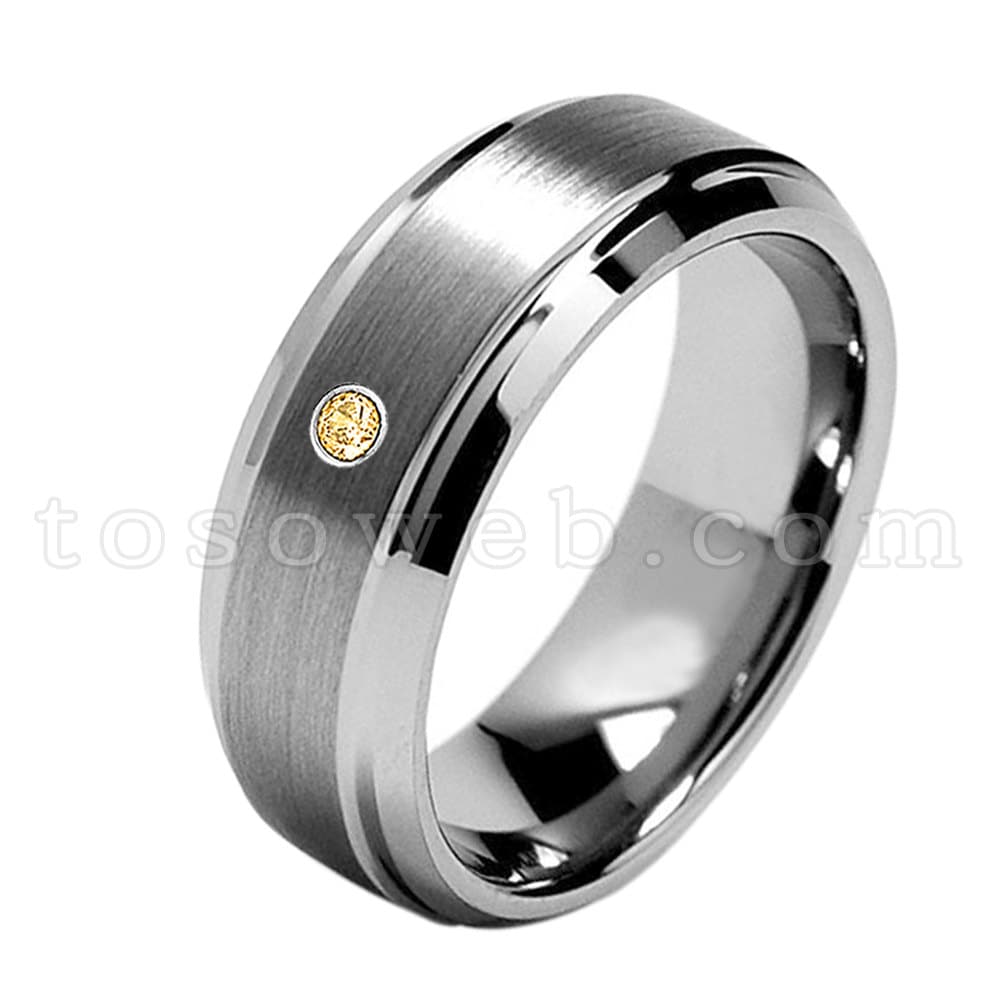 Herren Citrin Solitär Ehering, November Birthstone Ring, 8mm Gebürsteter Hartmetallring Mit Abgeschrägter Kante Ts1622 von TOSOWEB
