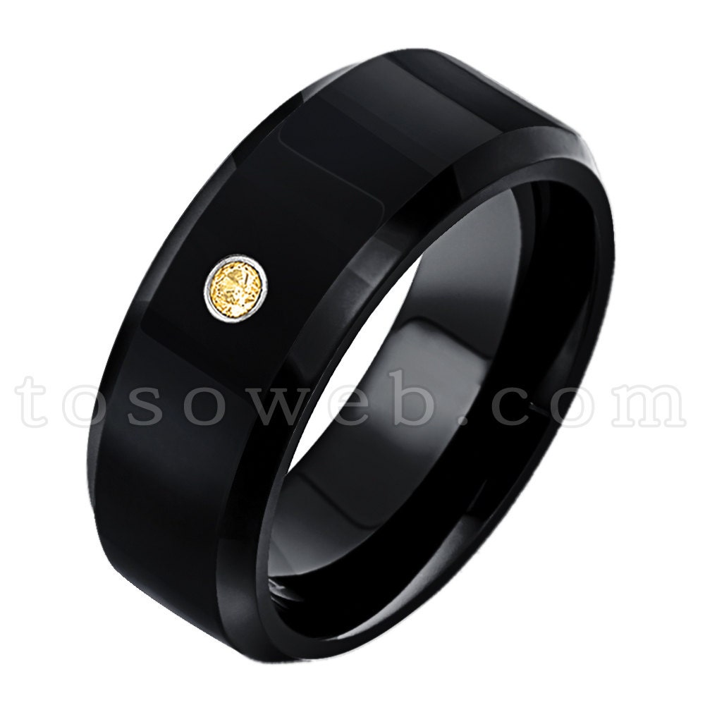 Herren Citrin Solitär Ehering, November Birthstone Ring, 8mm Schwarz Ip Polish Abgeschrägte Kante, Hartmetall Ring Ts0842 von TOSOWEB