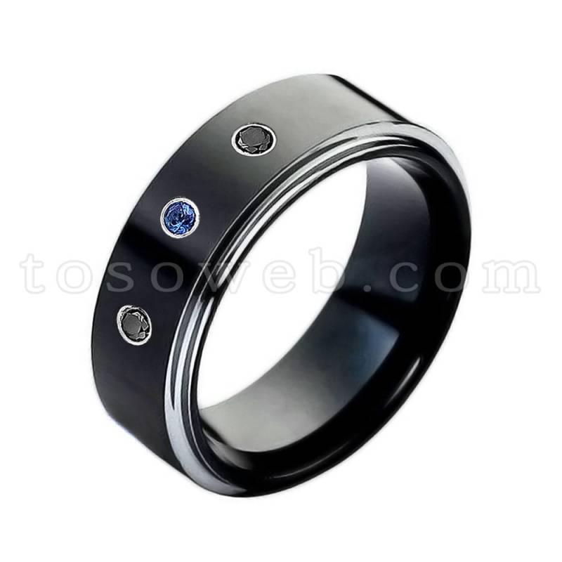 Herren Ehering Mit Blauem Saphir Und Schwarzem Diamant, 8mm 2-Ton Hochglanz Schwarz Ion Plated Wolfram Carbide Ring Ts1182 von TOSOWEB