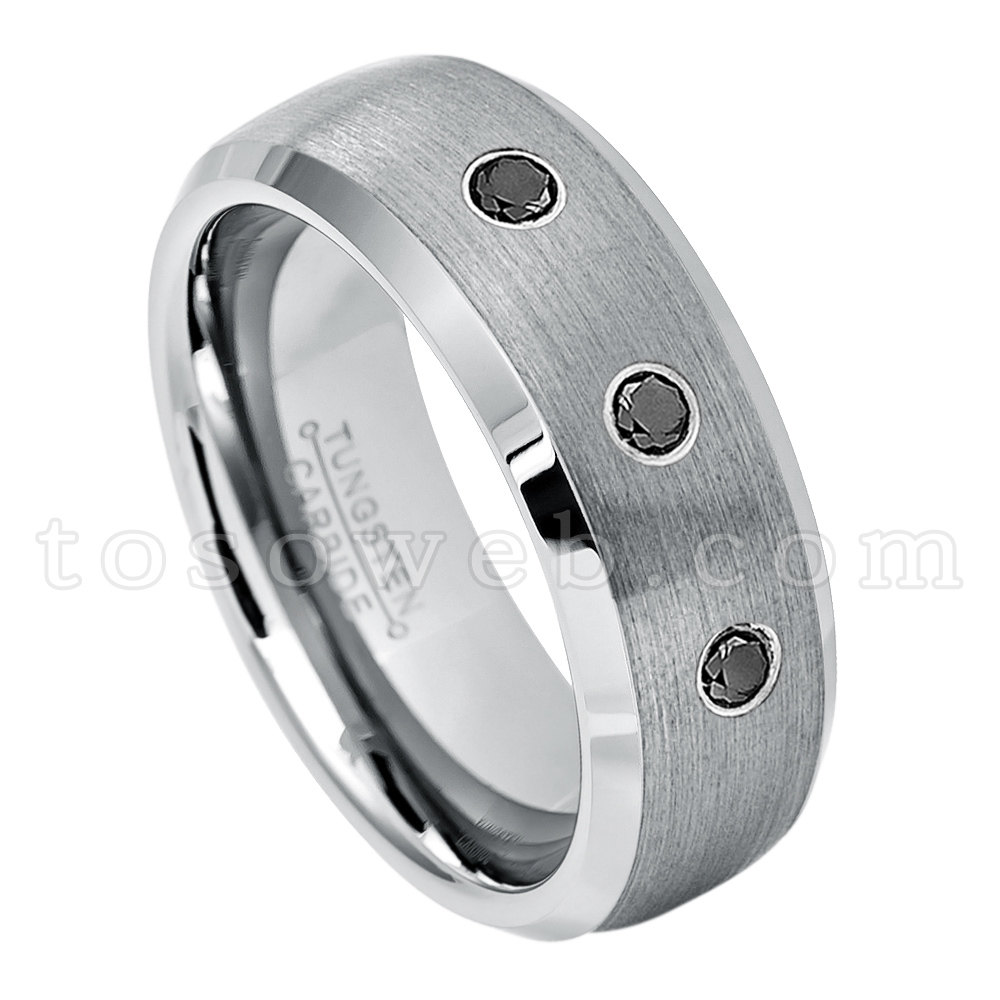 Herren Ehering Mit Schwarzem Diamant, 8mm Semi-Dome Gebürstet Mitte Abgeschrägte Kante Wolframkarbid Ring Ts0072 von TOSOWEB