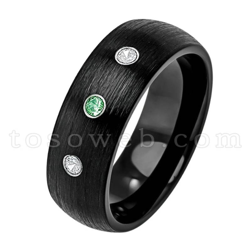 Herren Januar Birthstone Ring, Tsavorit & Diamant Ehering, 8mm Schwarzer Ip Gebürsteter Wolframkarbidring Ts2312 von TOSOWEB
