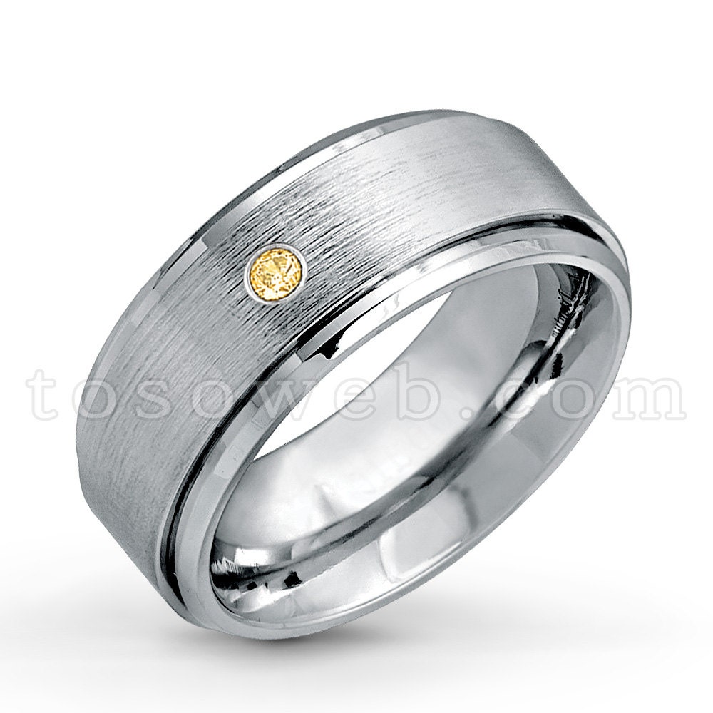 Herren November Birthstone Ring, Citrin Edelstein Solitär Ehering, 9mm Gebürstet Mitte Abgeschrägte Kante Hartmetall Ring Ts0232 von TOSOWEB