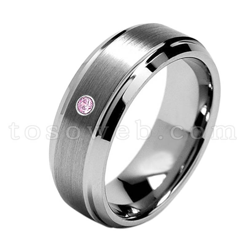 Herren Pink Turmalin Solitär Ehering, Oktober Birthstone Ring, 8mm Gebürstet Mitte Abgeschrägte Kante Hartmetall Ring Ts1622 von TOSOWEB