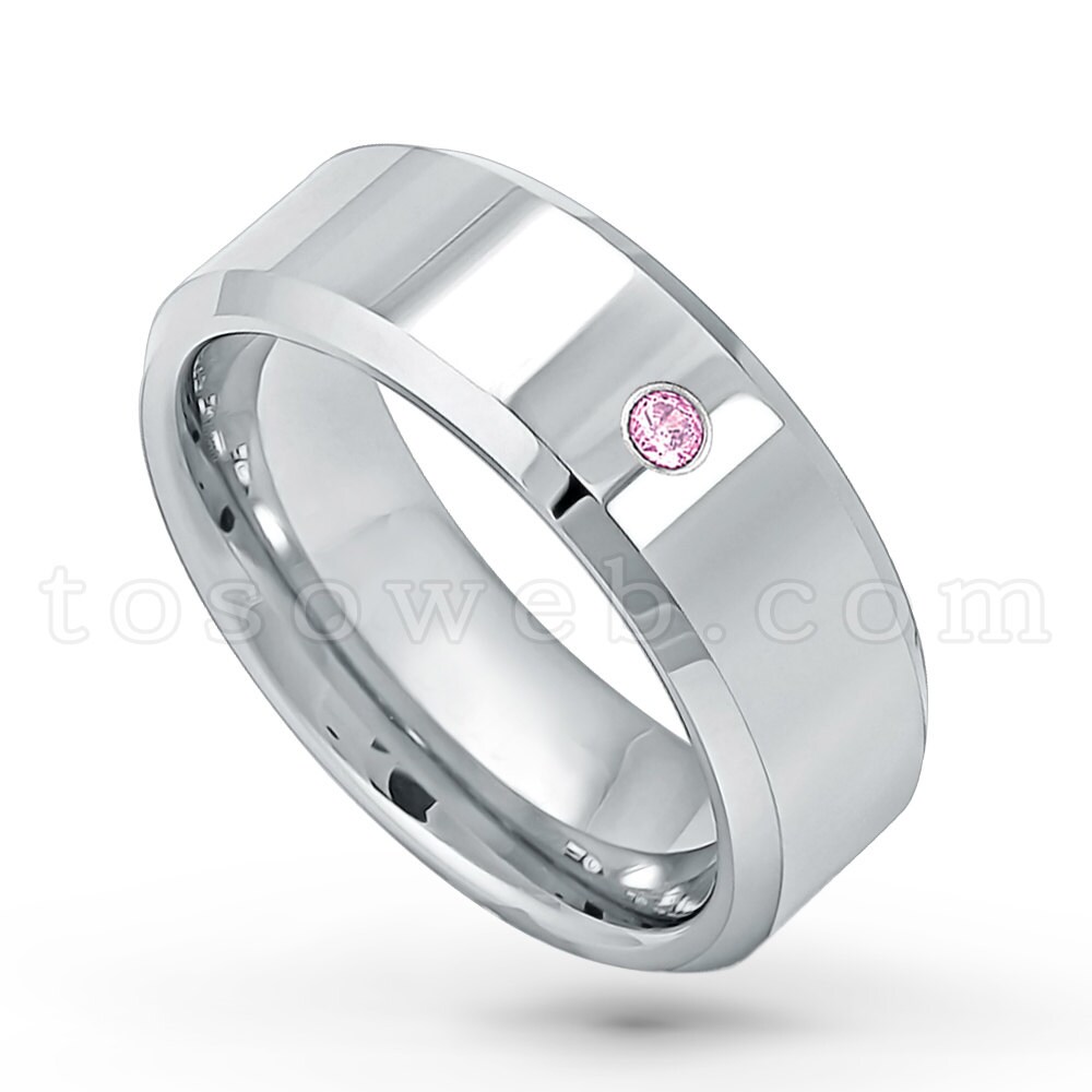 Herren Rosa Turmalin Edelstein Solitär Ring, Oktober Geburtsstein Band, Polierte Abgeschrägte Kante Comfort Fit Hartmetall Ring Ts0092 von TOSOWEB