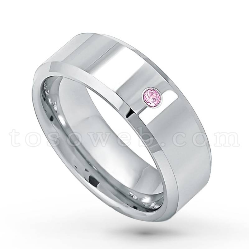 Herren Rosa Turmalin Edelstein Solitär Ring, Oktober Geburtsstein Band, Polierte Abgeschrägte Kante Comfort Fit Hartmetall Ring Ts0092 von TOSOWEB
