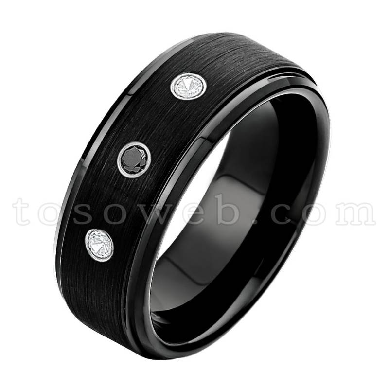 Herren Schwarz Weiß Diamant Ehering, 8mm Ion Plated Brushed Center Stepped Edge, Wolfram Carbide Ring Ts0832 von TOSOWEB