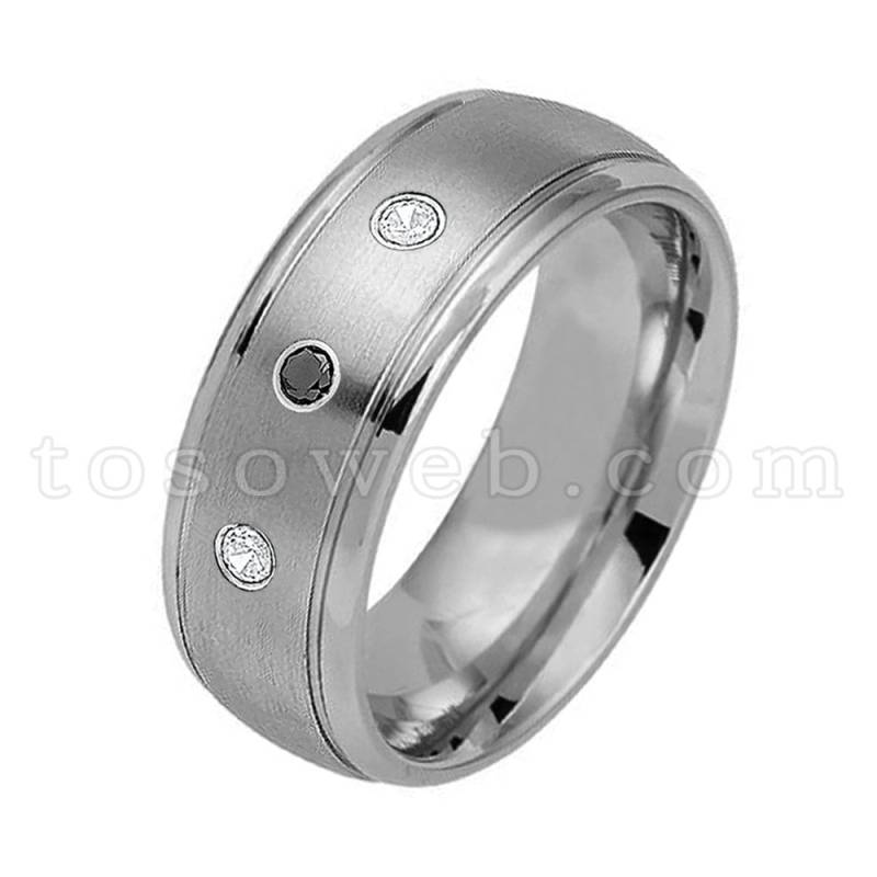 Herren Schwarz & Weiß Diamant Ehering, 8mm Gebürstet Mitte Poliert Abgestufter Rand Hartmetall Jubiläumsring Ts1762 von TOSOWEB