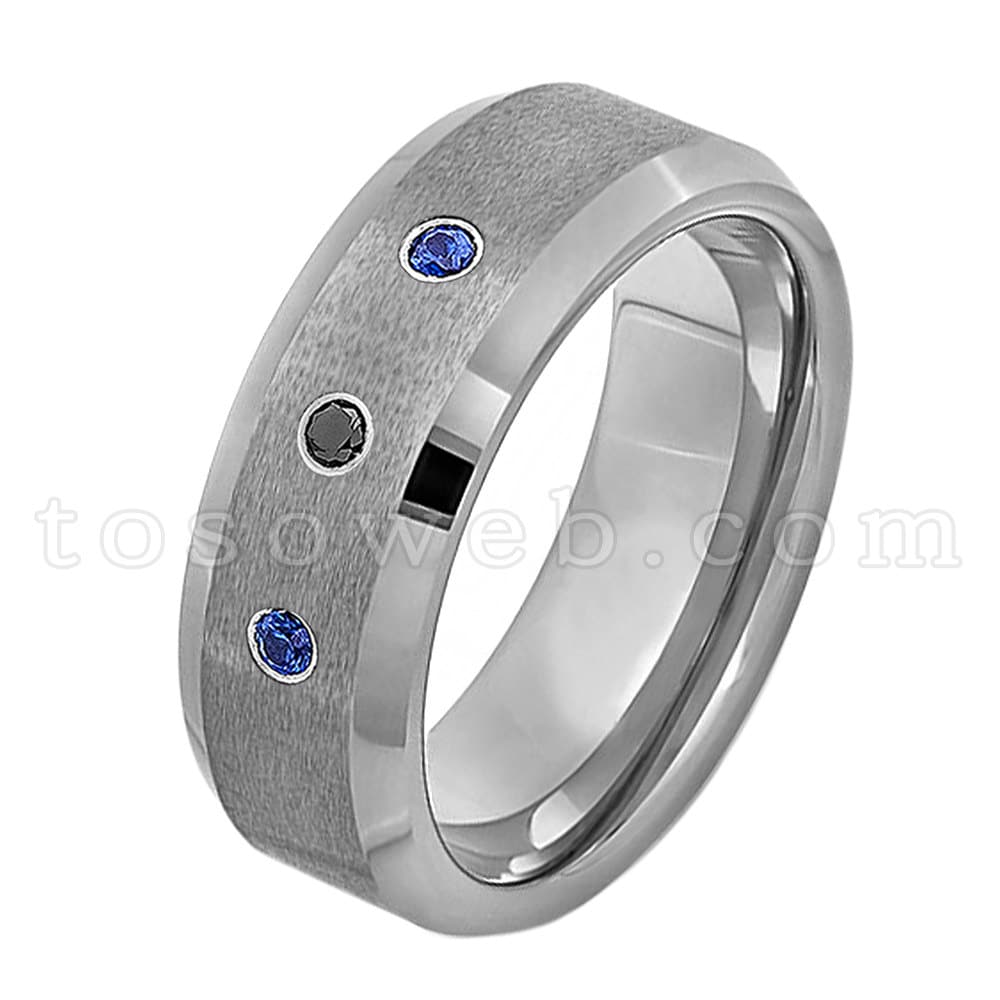 Herren Schwarzer Diamant & Blauer Saphir Ehering, 10mm Matte Mitte Abgeschrägte Kante Hartmetall Jubiläumsring Ts2022 von TOSOWEB