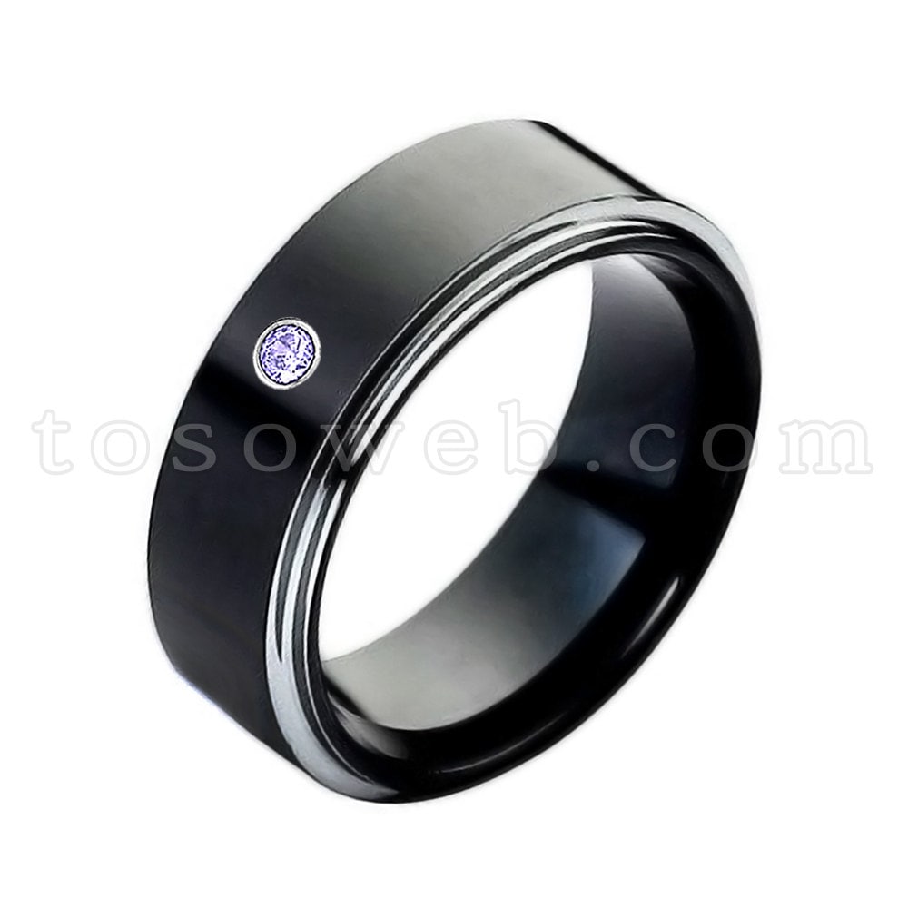Herren Tansanit Solitär Ehering, Dezember Geburtsstein Ring, 8mm 2-Ton Hochglanz Schwarz Ip Hartmetall Ring Ts1182 von TOSOWEB