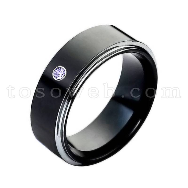 Herren Tansanit Solitär Ehering, Dezember Geburtsstein Ring, 8mm 2-Ton Hochglanz Schwarz Ip Hartmetall Ring Ts1182 von TOSOWEB
