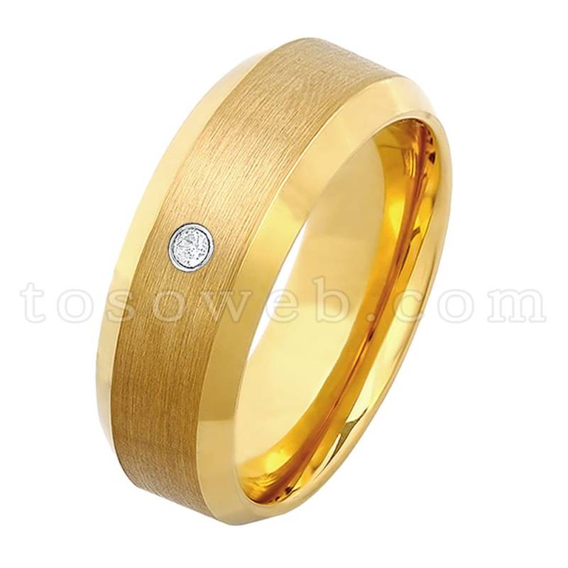 Herren Weißer Diamant Solitär Ehering, April Birthstone Ring, 8mm Gelb Gold Überzogen Abgeschrägter Rand Hartmetall Ring Ts2102 von TOSOWEB