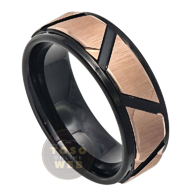 Herrenring 8mm Schwarz Ionisierter Wolframring Mit Roségold-Ion Überzogene Gebürstete Trapeze Und Hochglanzpolierte Umrisse Ring Ts7460 von TOSOWEB