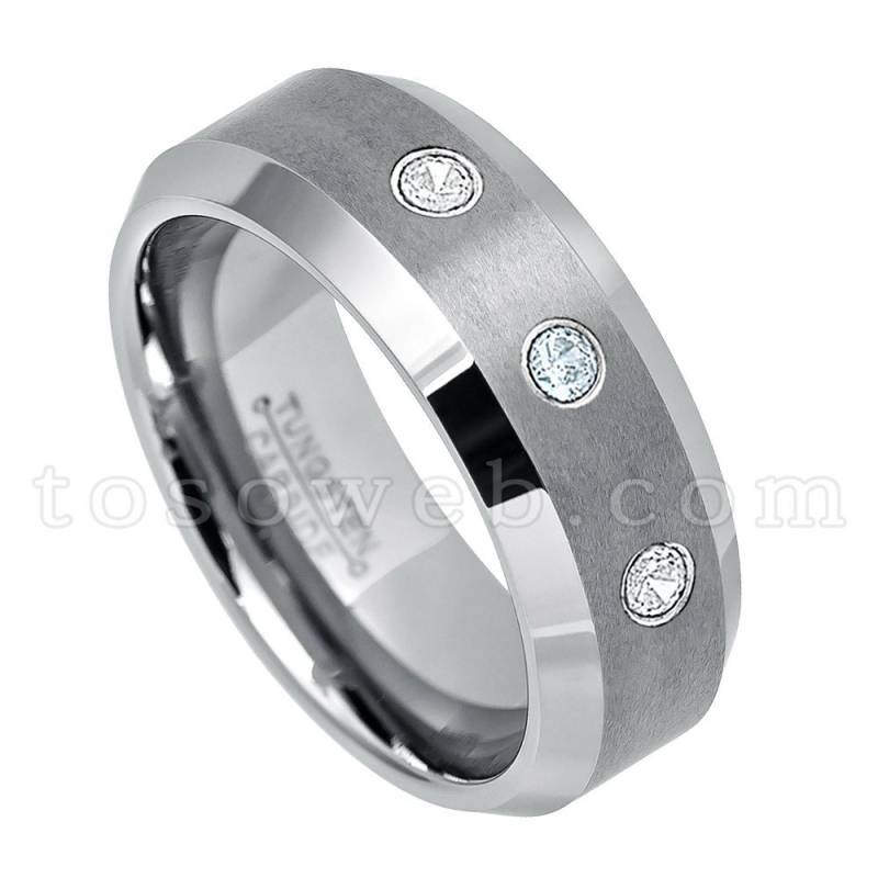 Herrenring Aquamarin Und Diamant, März Geburtsstein, Wolframcarbidring Mit Gebürsteter Mitte Abgeschrägter Kante 8mm Ts0032 von TOSOWEB