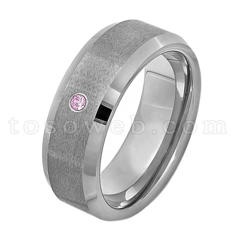 Herrenring Rosa Turmalin Solitärring, Oktober Birthstone Ring, 10mm Matte Center Abgeschrägter Rand Hartmetallring Ts2022 von TOSOWEB