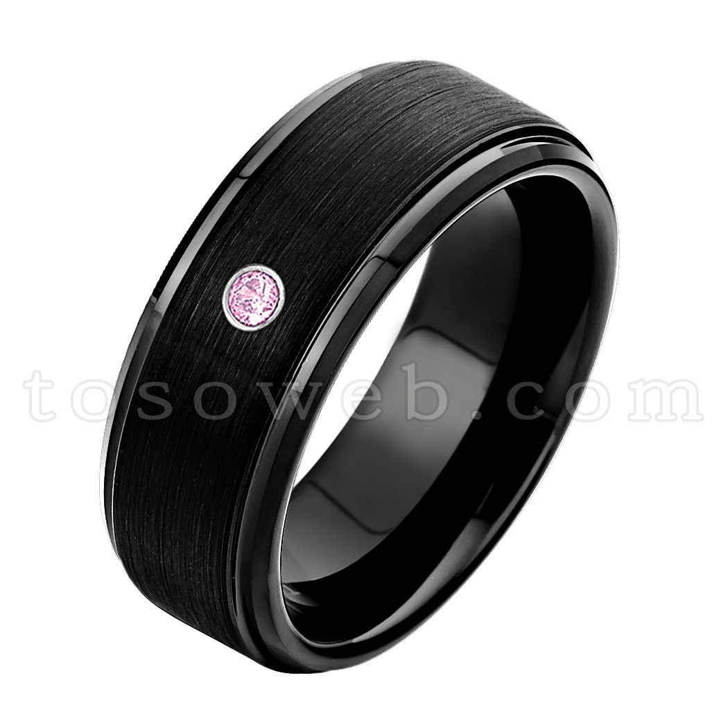 Herrenring Rosa Turmalin Solitärring, Oktober Geburtsstein Ring, 8mm Schwarz Hartmetallring, Hartmetallring Ts0832 von TOSOWEB