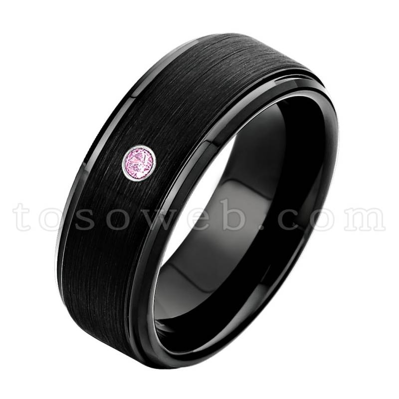 Herrenring Rosa Turmalin Solitärring, Oktober Geburtsstein Ring, 8mm Schwarz Hartmetallring, Hartmetallring Ts0832 von TOSOWEB