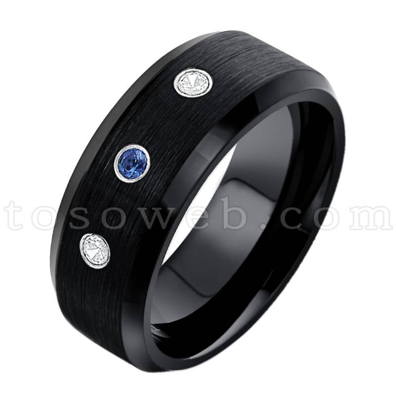 Herrenring September Geburtsstein, Ehering Aus Blauem Saphir Und Diamant, Wolframkarbidring Mit Schwarzer Oberfläche Ts1662 von TOSOWEB