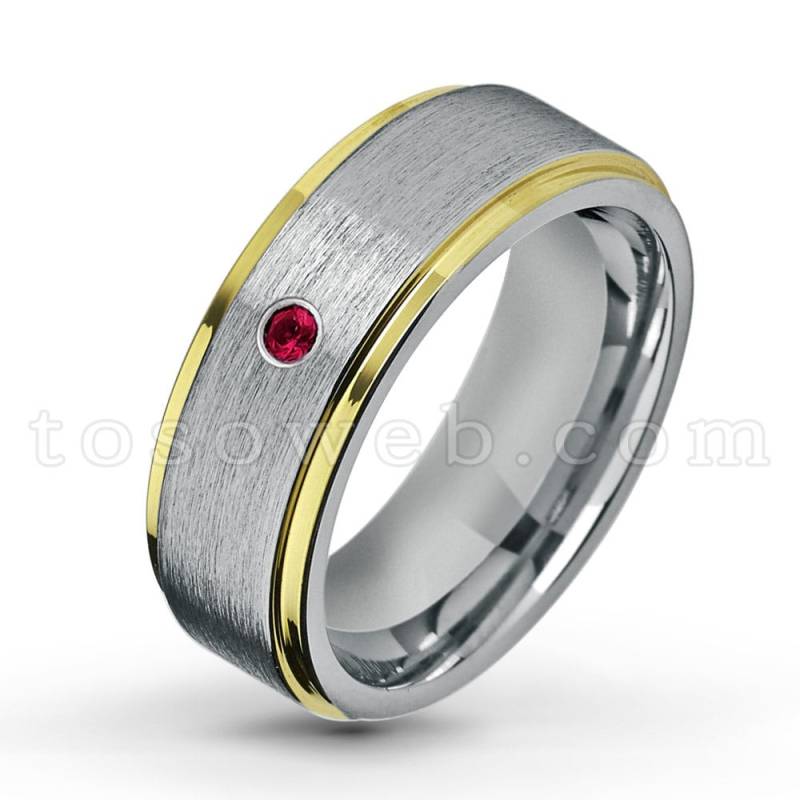 Rubin Solitär Ehering Zweifarbig, Juli Birthstone, Gelb Gold Überzogen Abgestufter Rand Comfort Fit Hartmetall Ring Ts1322 von TOSOWEB